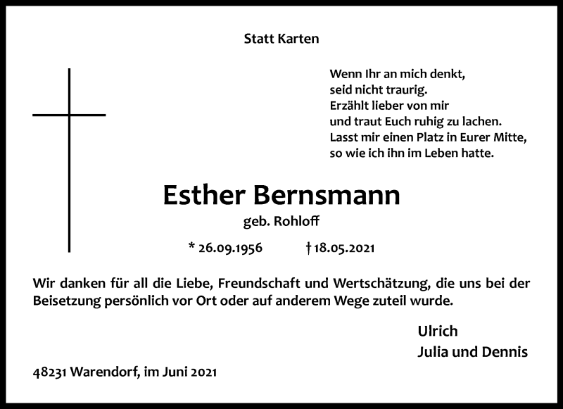  Traueranzeige für Esther Bernsmann vom 05.06.2021 aus 