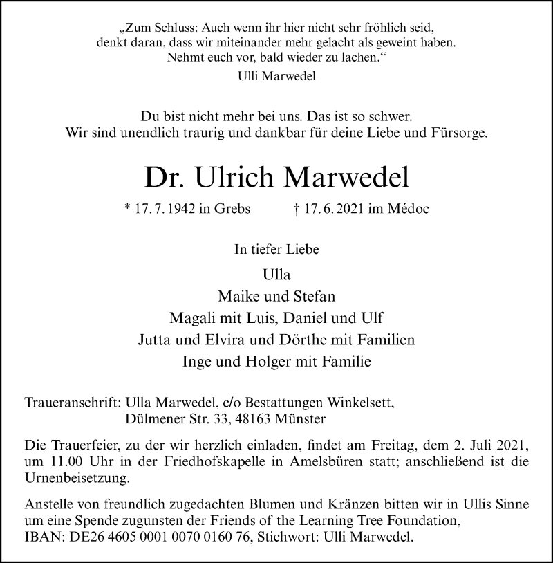  Traueranzeige für Ulrich Marwedel vom 26.06.2021 aus 