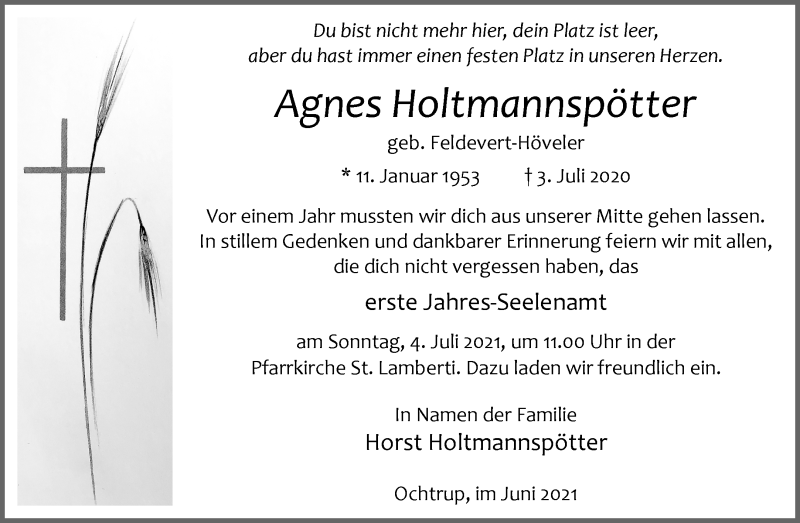  Traueranzeige für Agnes Holtmannspotter vom 30.06.2021 aus 
