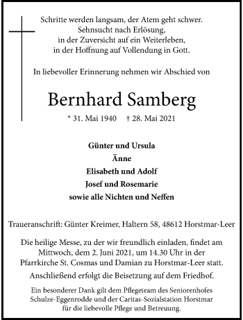 Anzeige von Bernhard Samberg 
