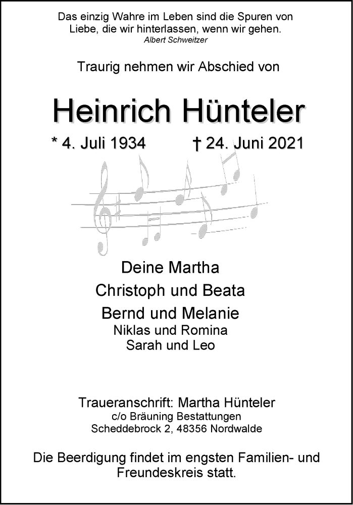  Traueranzeige für Heinrich Hünteler vom 30.06.2021 aus 