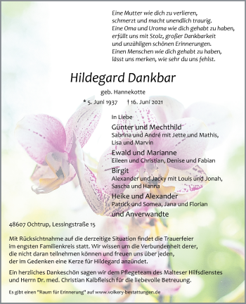 Anzeige von Hildegard Dankbar 