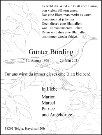 Anzeige von Günter Börding 