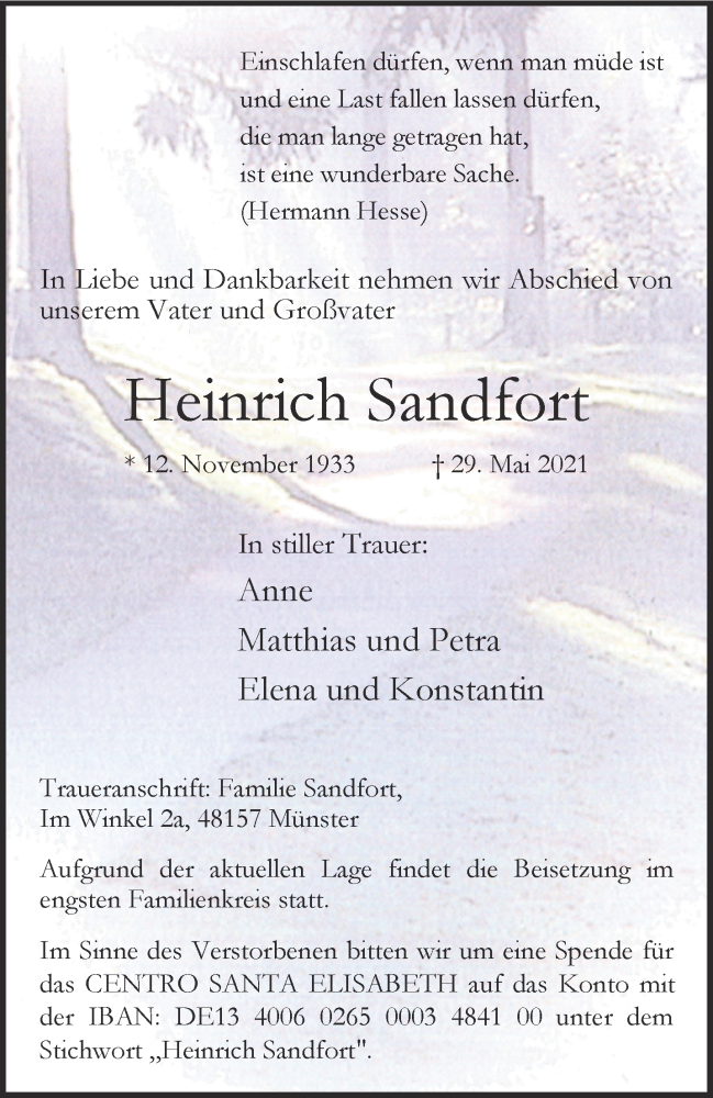  Traueranzeige für Heinrich Sandfort vom 02.06.2021 aus 
