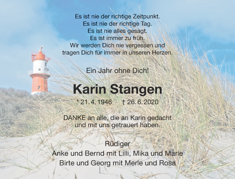 Traueranzeige für Karin Stangen vom 26.06.2021 aus 