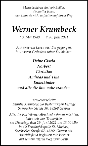 Anzeige von Werner Krumbeck 