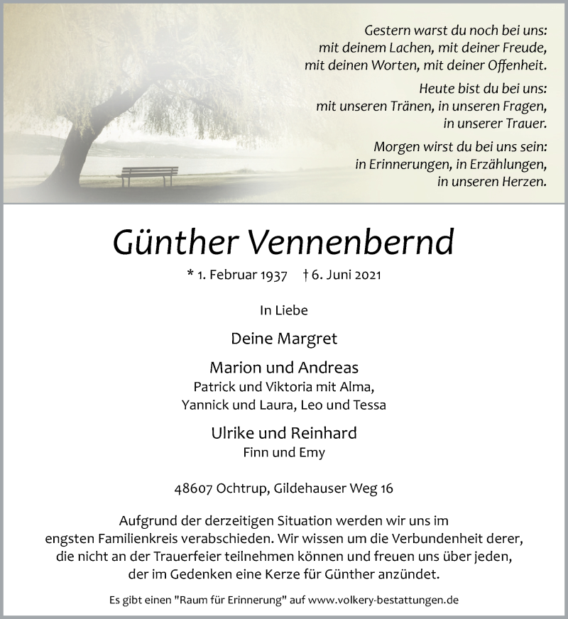  Traueranzeige für Günther Vennenbernd vom 08.06.2021 aus 