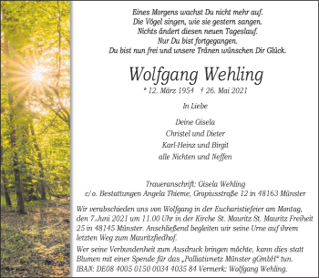 Anzeige von Wolfgang Wehling 