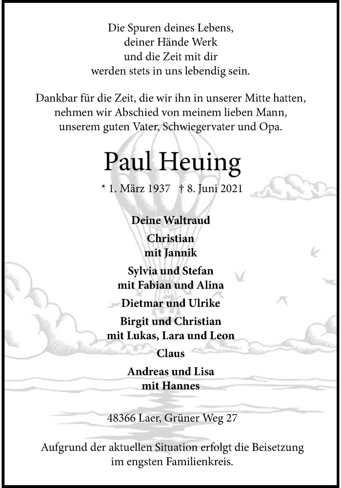  Traueranzeige für Paul Heuing vom 12.06.2021 aus 
