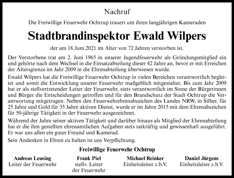  Traueranzeige für Ewald Wilpers vom 25.06.2021 aus 