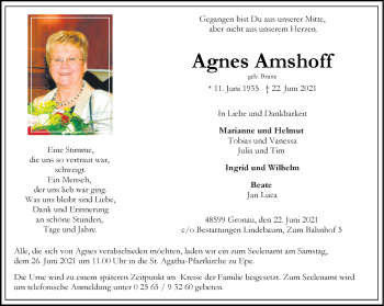 Anzeige von Agnes Amshoff 