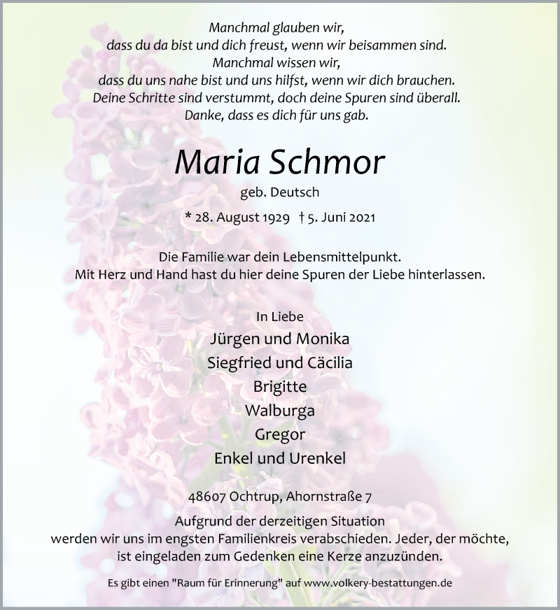  Traueranzeige für Maria Schmor vom 08.06.2021 aus 
