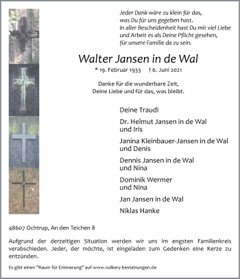 Anzeige von Walter Jansen in de Wal 