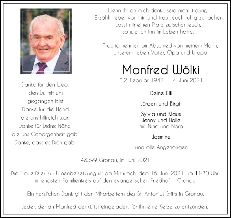  Traueranzeige für Manfred Wölki vom 11.06.2021 aus 