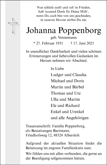 Anzeige von Johanna Poppenborg 
