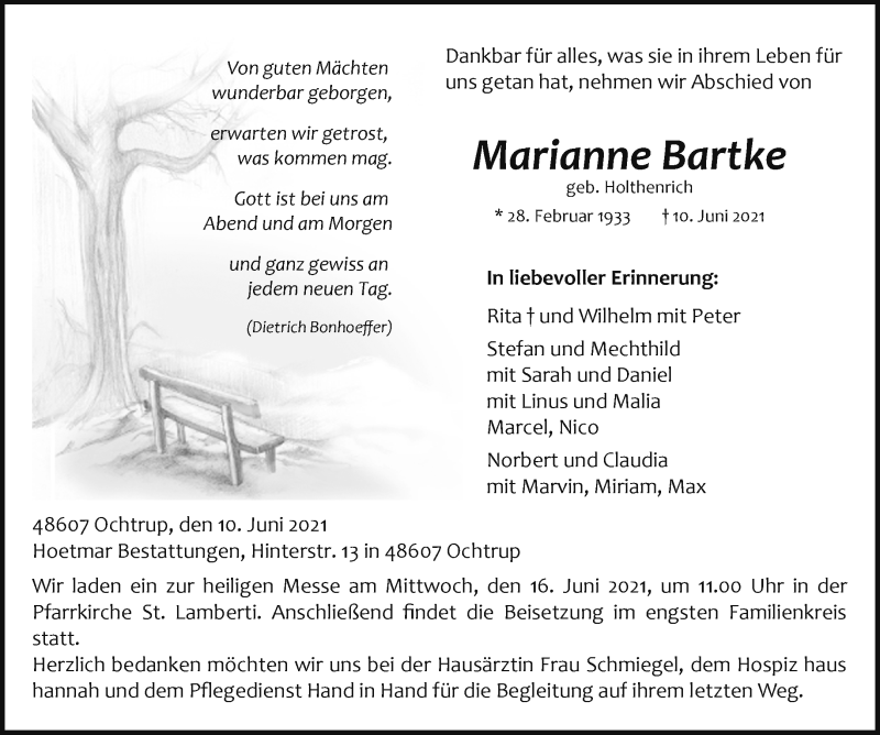  Traueranzeige für Marianne Bartke vom 14.06.2021 aus 