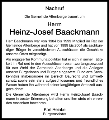 Anzeige von Heinz-Josef Baackmann 
