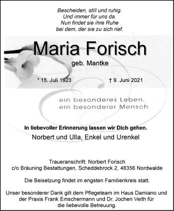 Anzeige von Maria Forisch 
