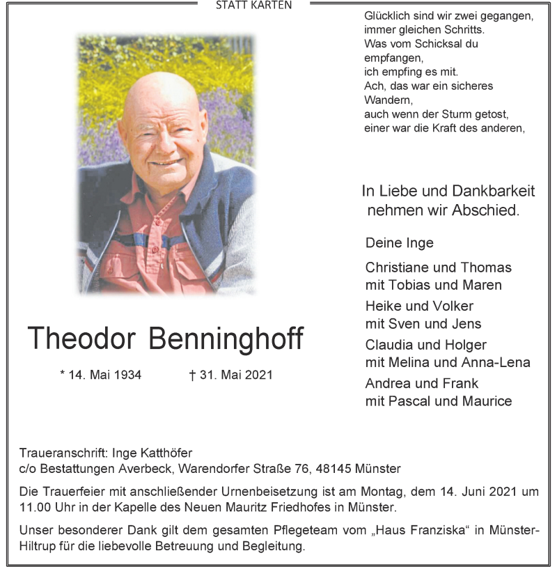  Traueranzeige für Theodor Benninghoff vom 09.06.2021 aus 