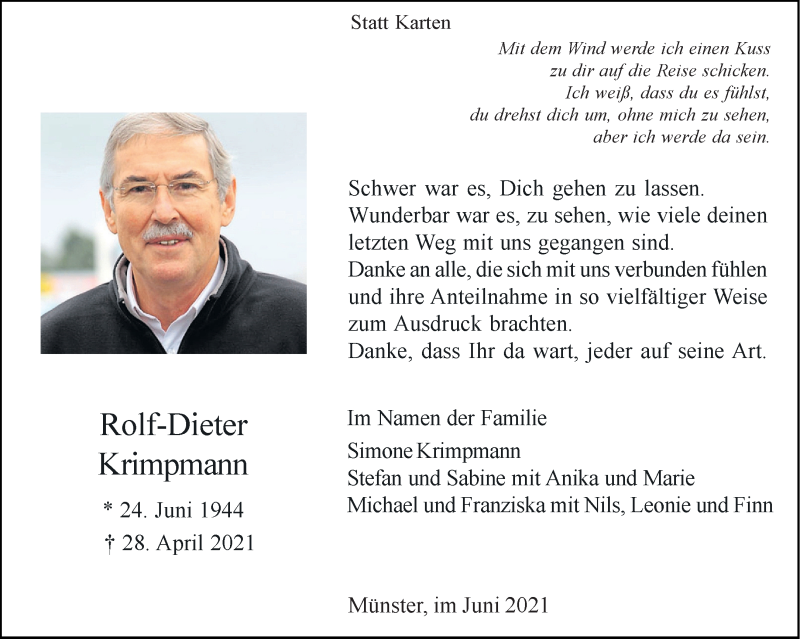  Traueranzeige für Rolf-Dieter Krimpmann vom 05.06.2021 aus 