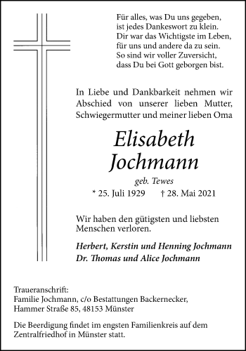 Anzeige von Elisabeth Jochmann 