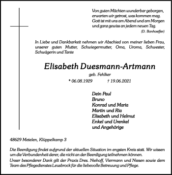 Anzeige von Elisabeth Duesmann-Artmann 