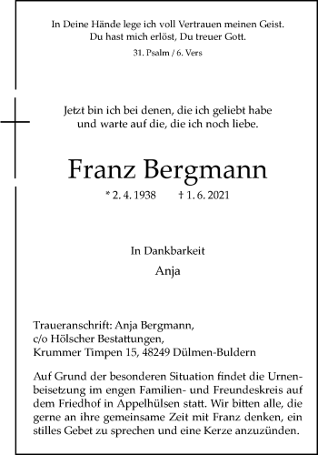 Anzeige von Franz Bergmannn 