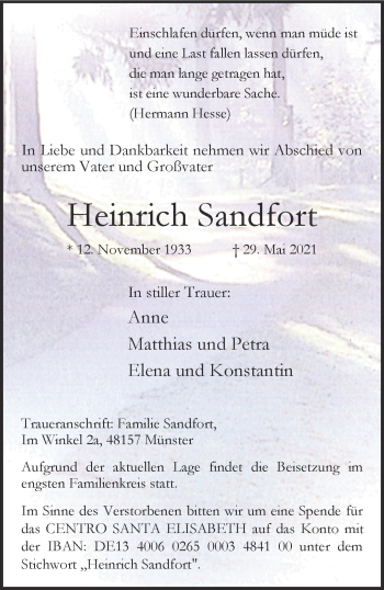 Anzeige von Heinrich Sandfort 