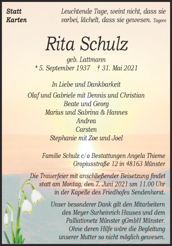 Anzeige von Rita Schulz 