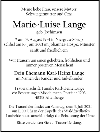 Anzeige von Marie-Luise Lange 