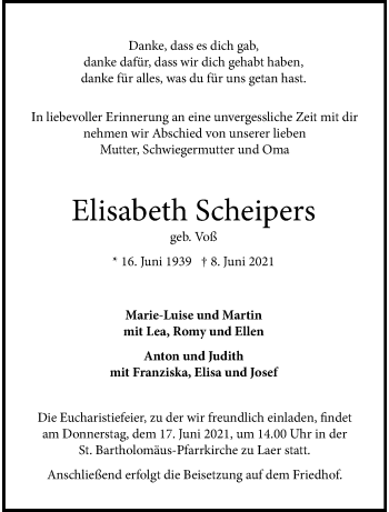 Anzeige von Elisabeth Scheipers 