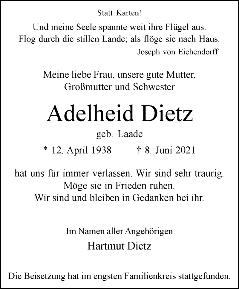 Traueranzeige für Adelheid Dietz vom 17.06.2021 aus 