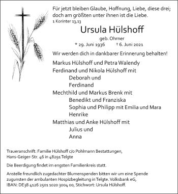 Anzeige von Ursula Hülshoff 