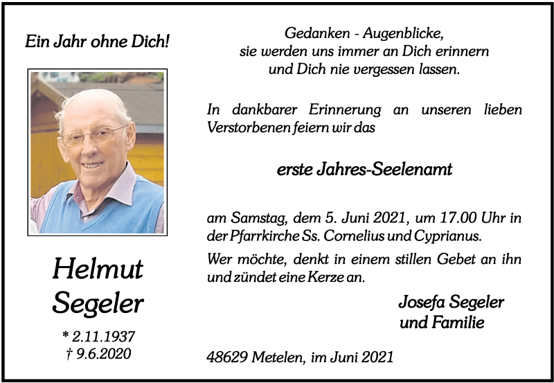  Traueranzeige für Helmut Segeler vom 03.06.2021 aus 