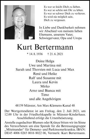 Anzeige von Kurt Bertermann 