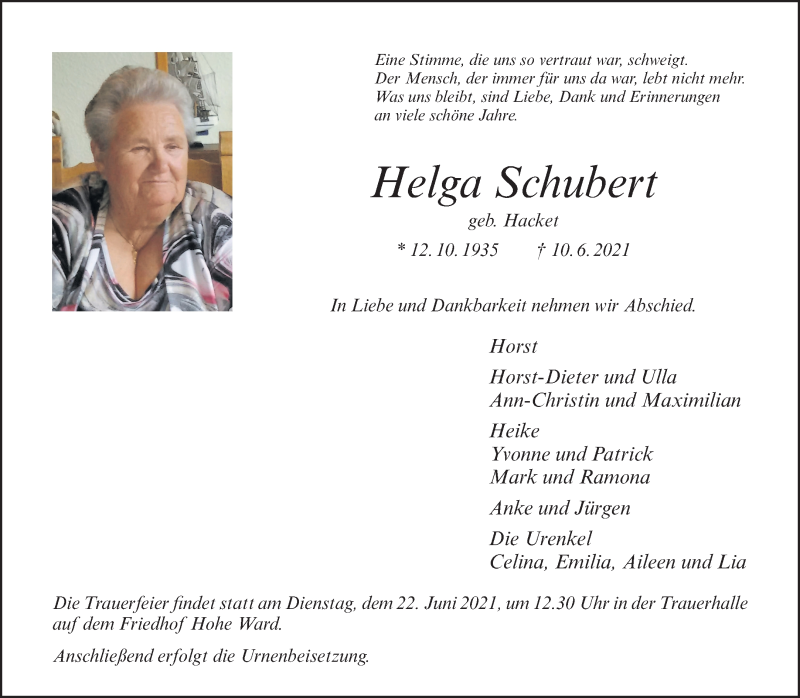 Traueranzeige für Helga Schubert vom 16.06.2021 aus 