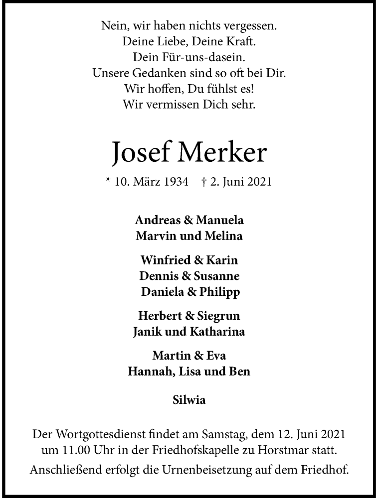  Traueranzeige für Josef Merker vom 05.06.2021 aus 