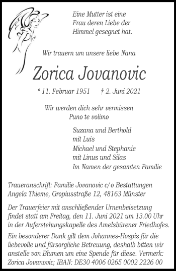 Anzeige von Zorica Jovanovic 