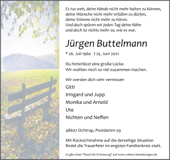 Anzeige von Jürgen Buttelmann 