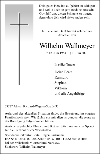 Anzeige von Wilhelm Wallmeyer 