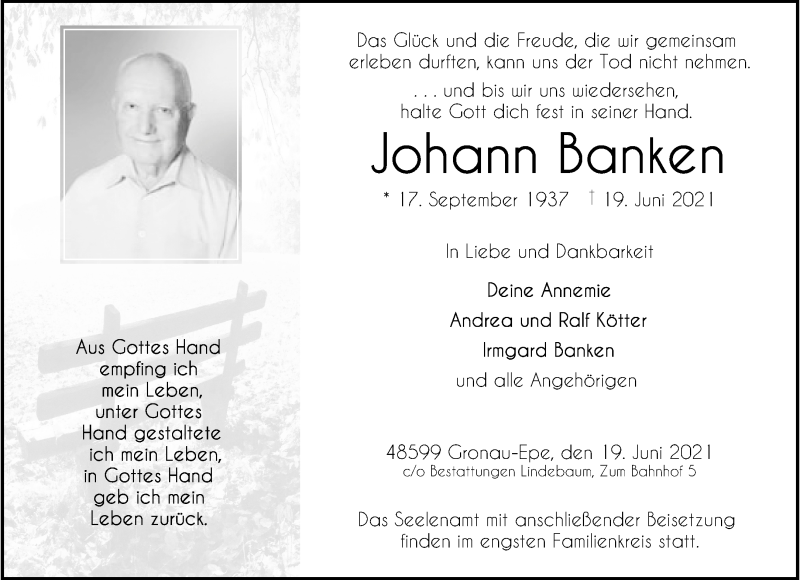  Traueranzeige für Johann Banken vom 23.06.2021 aus 