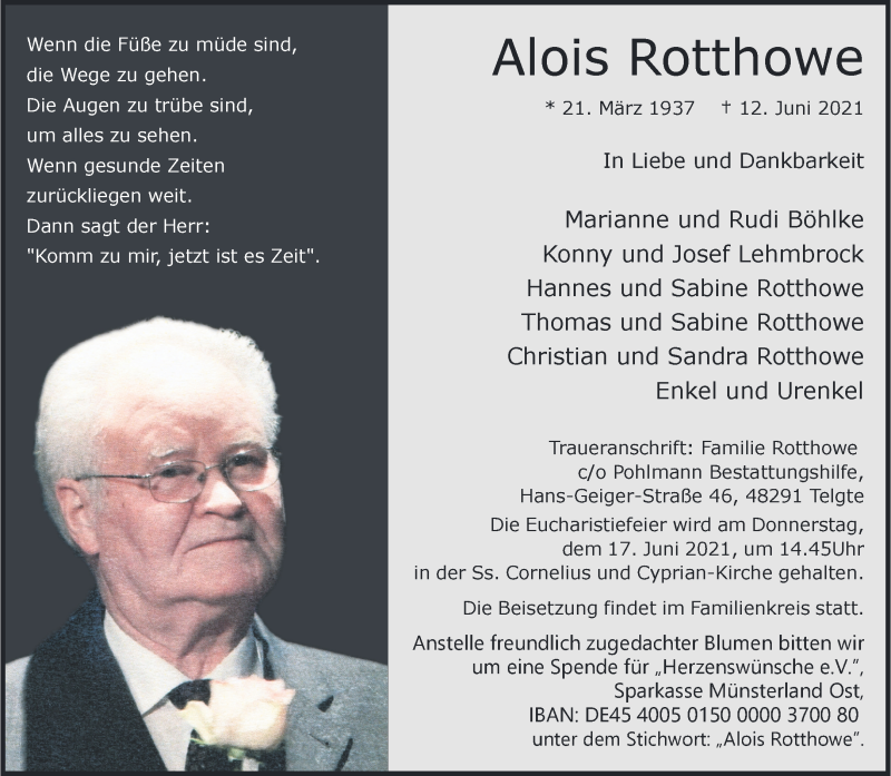  Traueranzeige für Maria Rotthowe vom 16.06.2021 aus 