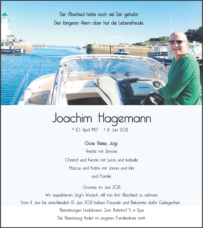  Traueranzeige für Joachim Hagemann vom 11.06.2021 aus 