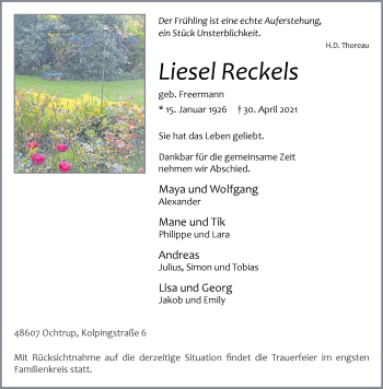 Anzeige von Liesel Reckels 