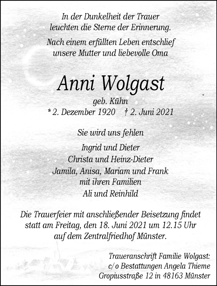  Traueranzeige für Anni Wolgast vom 17.06.2021 aus 
