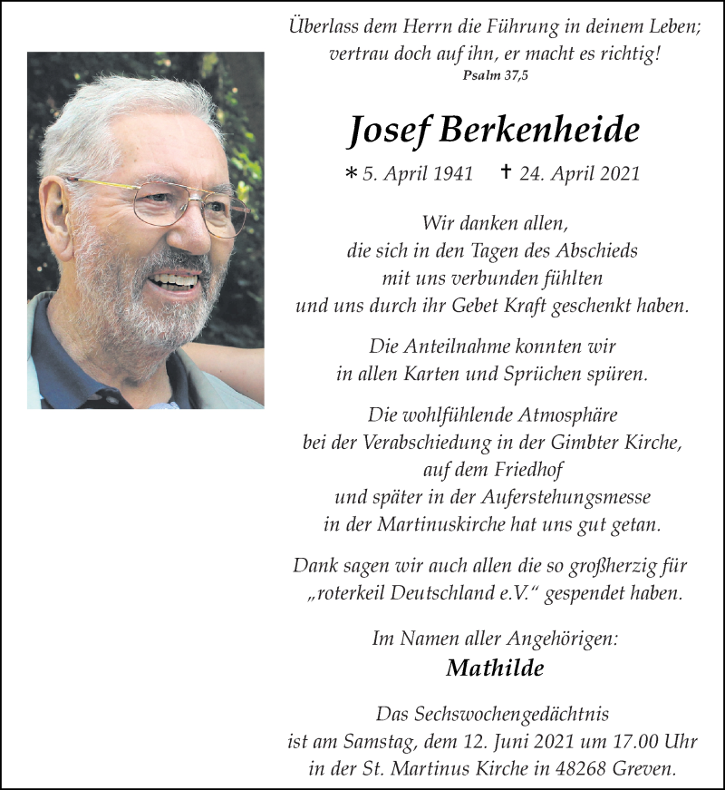  Traueranzeige für Josef Berkenheide vom 09.06.2021 aus 