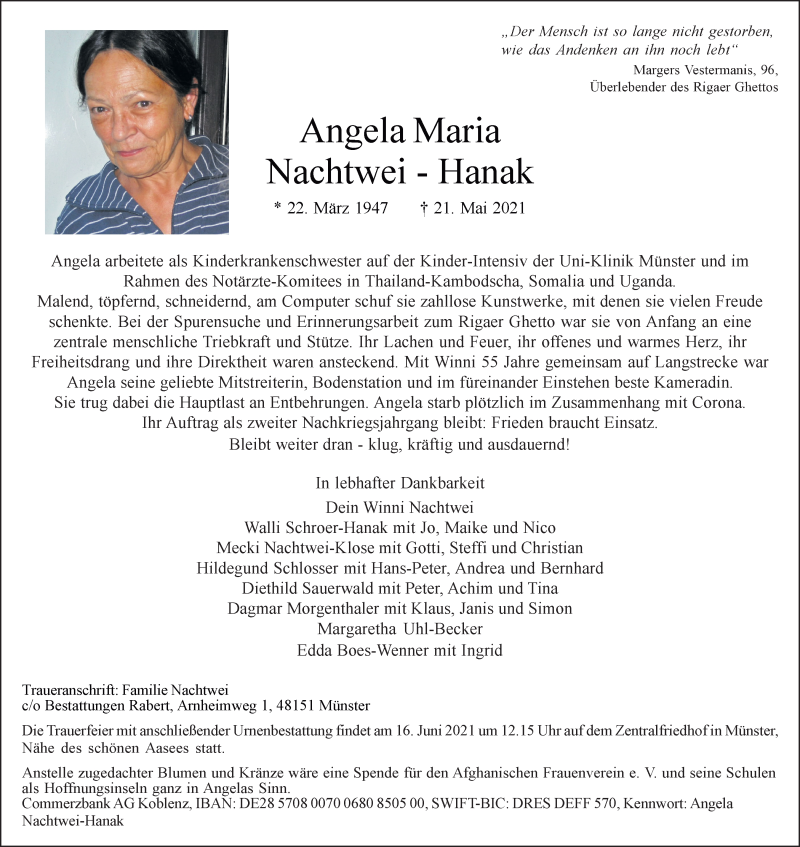  Traueranzeige für Angela Maria Nachtwei-Hanak vom 05.06.2021 aus 