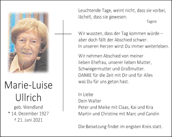 Anzeige von Marie-Luise Ullrich 