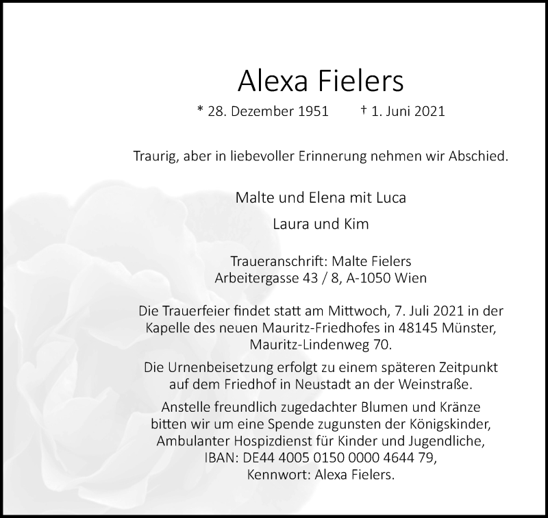  Traueranzeige für Alexa Fielers vom 12.06.2021 aus 