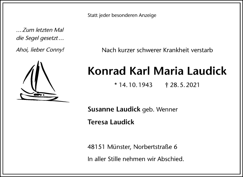  Traueranzeige für Konrad Karl Maria Laudick vom 05.06.2021 aus 